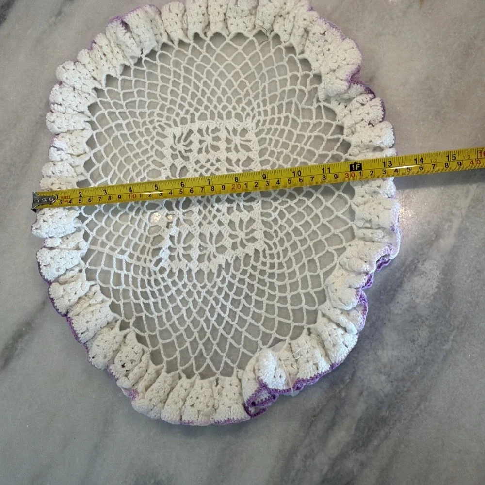 vintage hand crocheted doily White With Lilac Trim GWB000